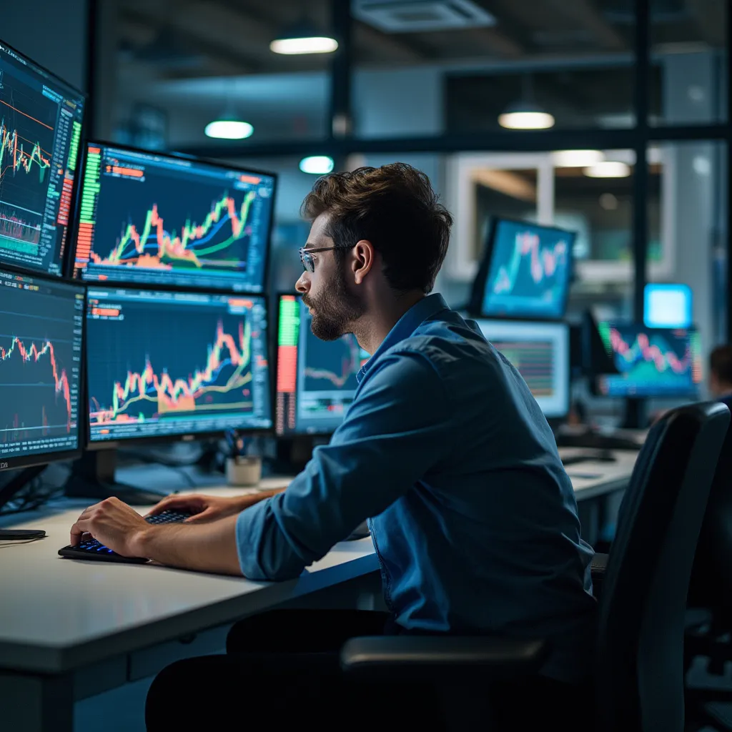 Analista financiero trabajando con gráficos y datos en múltiples pantallas